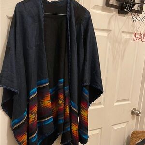 Boho Black Poncho with Southwestern Stripe Detail